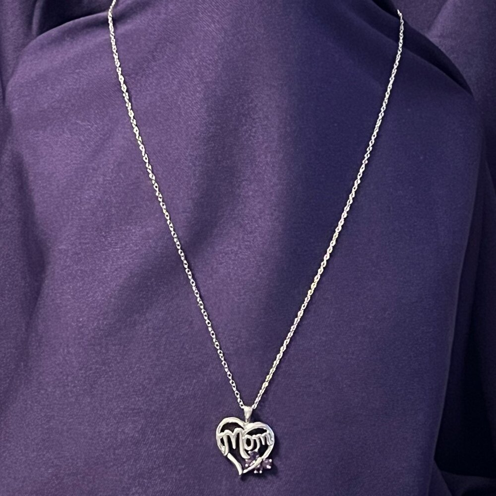 Sterling Silver MOM Heart Pendant, Amethyst & Diamond Accent - Mother’s Day Gift - Picture 2 of 13